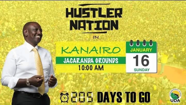 May be an image of 1 person, standing and text that says 'HUSTLER NATION KANAIRO JACARANDA GROUNDS 10:00 AM បបប0 JANUARY 16 SUNDAY 0888 DAYS TO GO UDA'