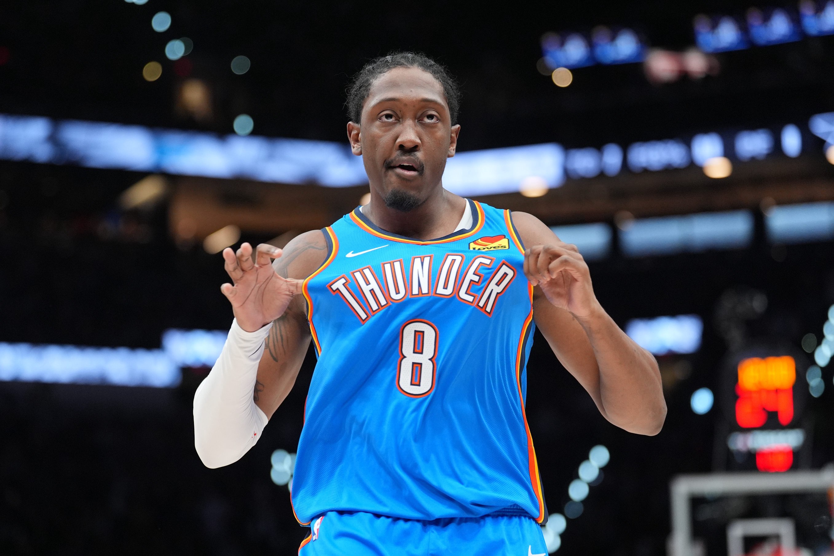Oct 20, 2026; San Antonio, Texas, USA;  Oklahoma City Thunder guard Jalen Williams (8) looks to the fans in the first half against the San Antonio Spurs at Frost Bank Center.  Mandatory Credit: Daniel Dunn-Imagn Images