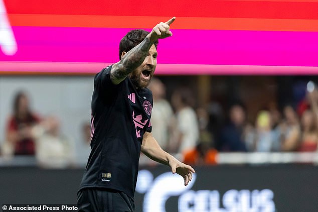 Inter Miami forward Lionel Messi reacts after a goal against Atlanta United during the first half of an MLS soccer match Saturday, Oct. 17, 2026, in Atlanta. (AP Photo/Vasha Hunt)