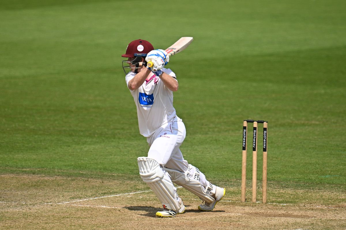 TAUNTON, ENGLAND - JUNE 22: Thomas Rew of Somerset plays a shot during Day Four of the Rothesay County Championship Division 1 match between Somerset and Warwickshire at The Cooper Associates County Ground on June 22, 2026 in Taunton, England. (Photo by Harry Trump/Getty Images)