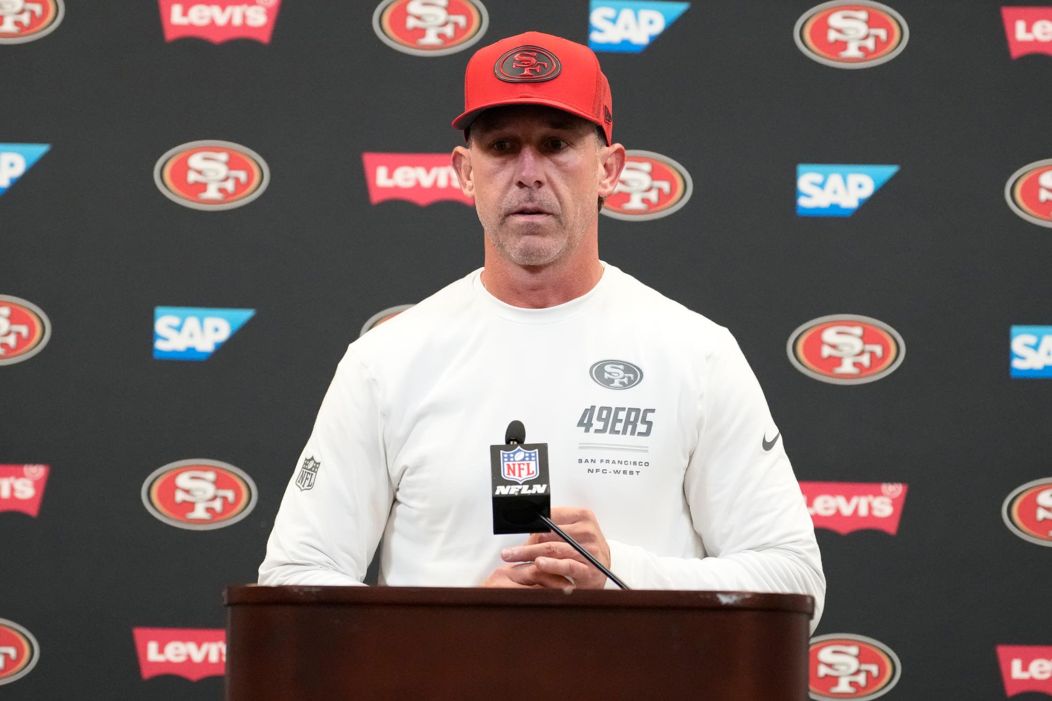 San Francisco 49ers head coach Kyle Shanahan speaks at a news conference.