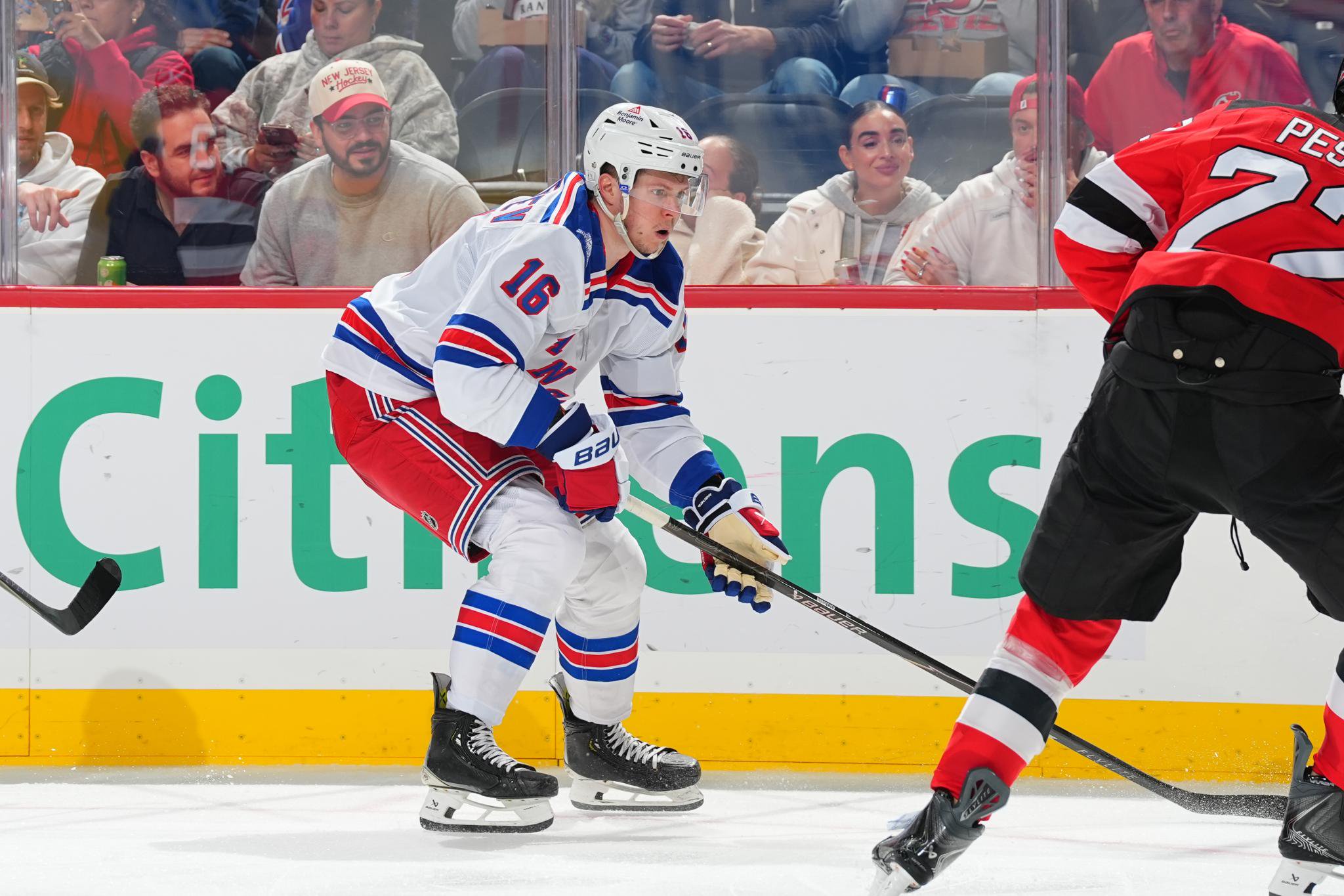 Pavel Dorofeyev #16 of the New York Rangers skates during the second period of the game against the New Jersey Devils on October 15, 2026 at the Prudential Center in Newark, New Jersey.