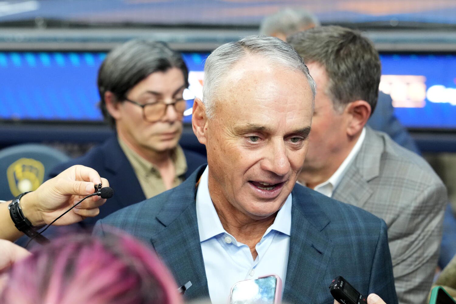 MLB commissioner Rob Manfred speaks with the media before Game 1 of the World Series in Milwaukee on Friday.