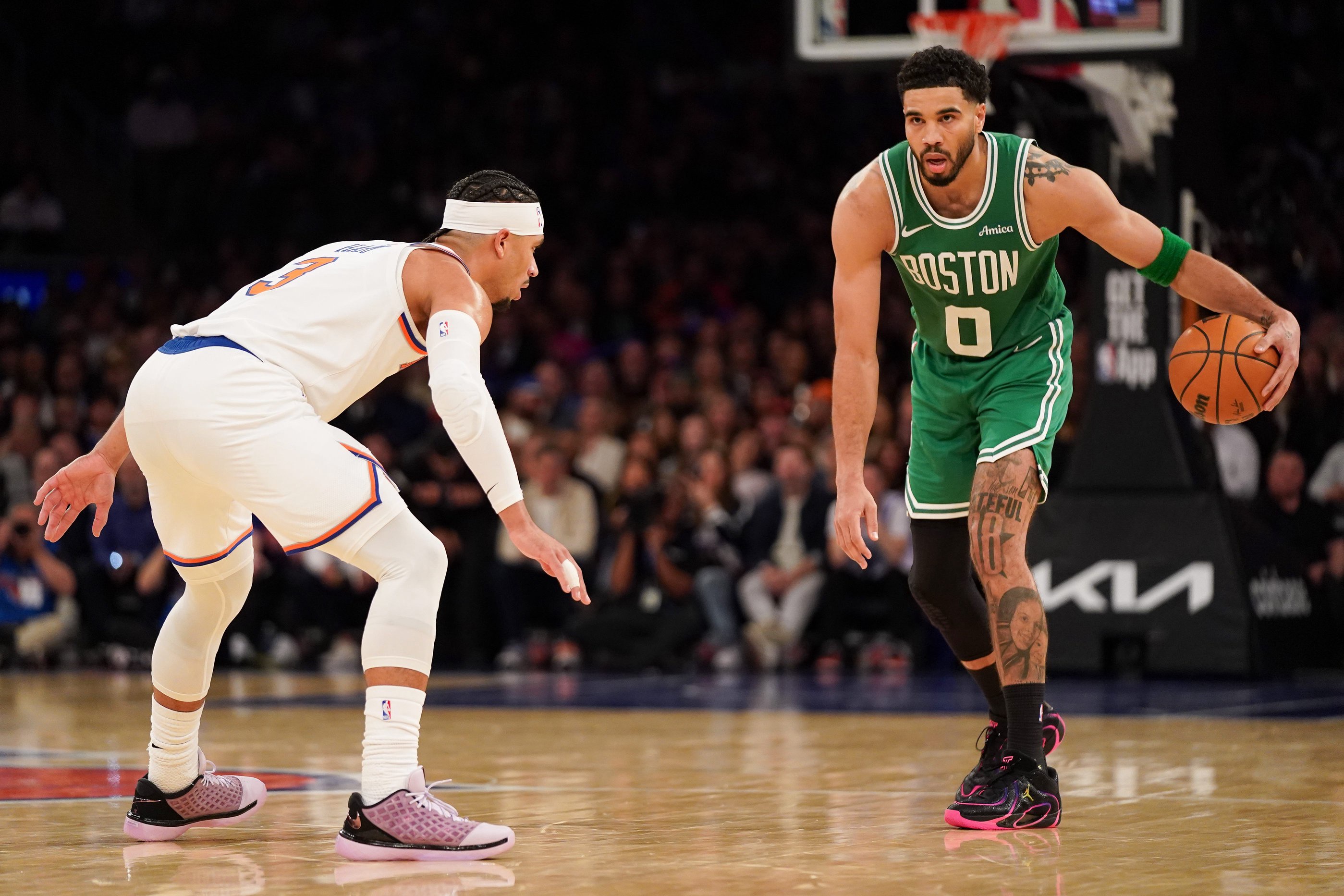 Apr 9, 2026; New York, New York, USA; New York Knicks guard Josh Hart (3) defends Boston Celtics forward Jayson Tatum (0) during the fourth quarter at Madison Square Garden. Mandatory Credit: Lucas Boland-Imagn Images