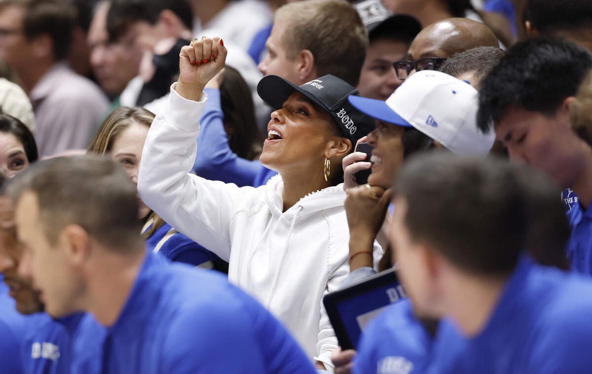 Alicia Keys cheers as her son, Egypt Daoud Dean, joins the Cameron Crazies in the second half of Duke’s 103-64 exhibition victory over Tennessee at Cameron Indoor Stadium in Durham, N.C., Tuesday, Oct. 20, 2026.
