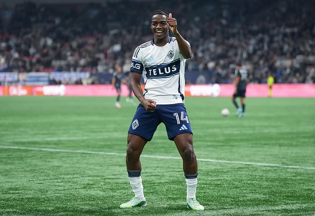 Vancouver Whitecaps' Bruno Caicedo celebrates his goal during the second half of an MLS soccer match against San Diego FC, in Vancouver, British Columbia, Wednesday, Oct. 28, 2026. (Darryl Dyck/The Canadian Press via AP)