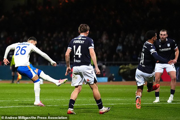 Bouanani curls in a leveller just before half-time for his first Rangers goal