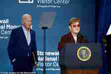 Elton John and President Joe Biden speak onstage the Grand Opening Ceremony for the Stonewall National Monument Visitor Center