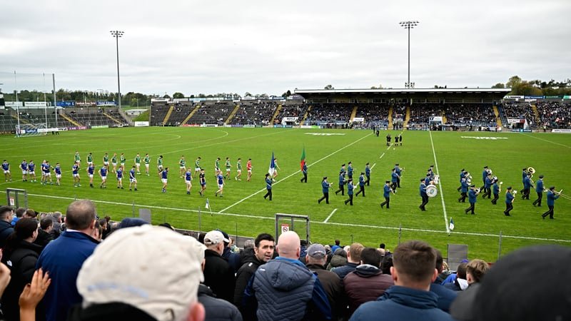 A general view of the parade before the 2025 Cavan County Senior Club Football Championship final match between Gowna and Kingscourt Stars at Kingspan Breffni