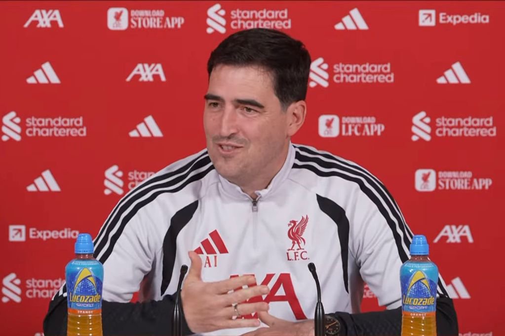 Liverpool head coach Andoni Iraola speaking during a press conference