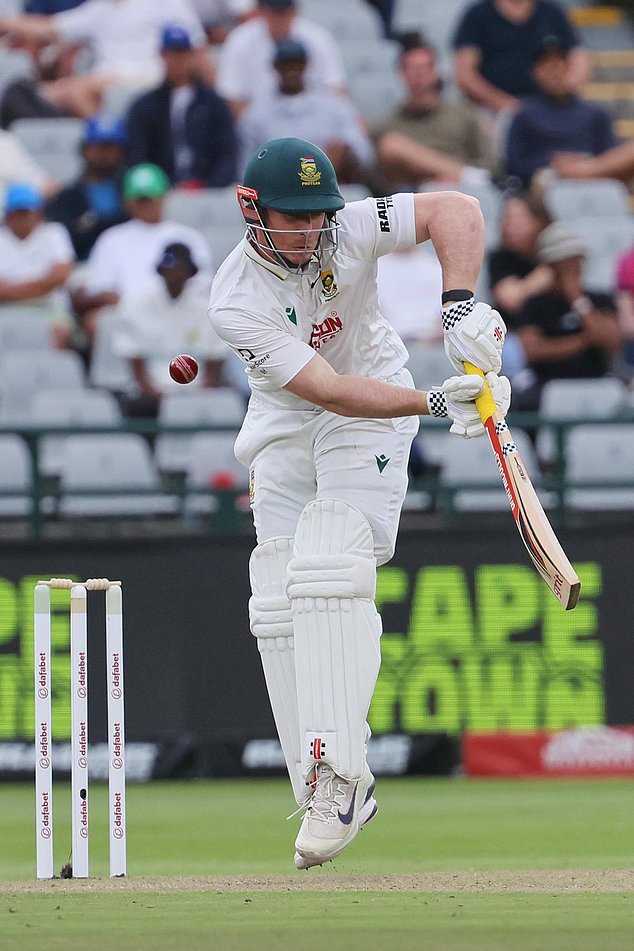 South Africa's Simon Harmer bats on day one of the third cricket test match between South Africa and Australia in Cape Town, South Africa, Tuesday, Oct. 27, 2026. (AP Photo/Halden Krog)