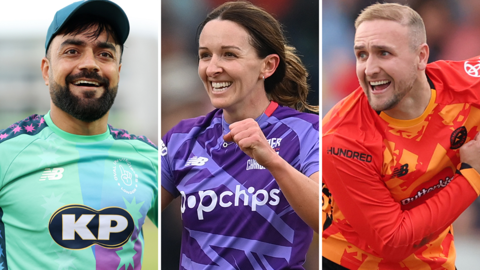 Rashid Khan, left, Kate Cross, centre, and Liam Livingstone split picture