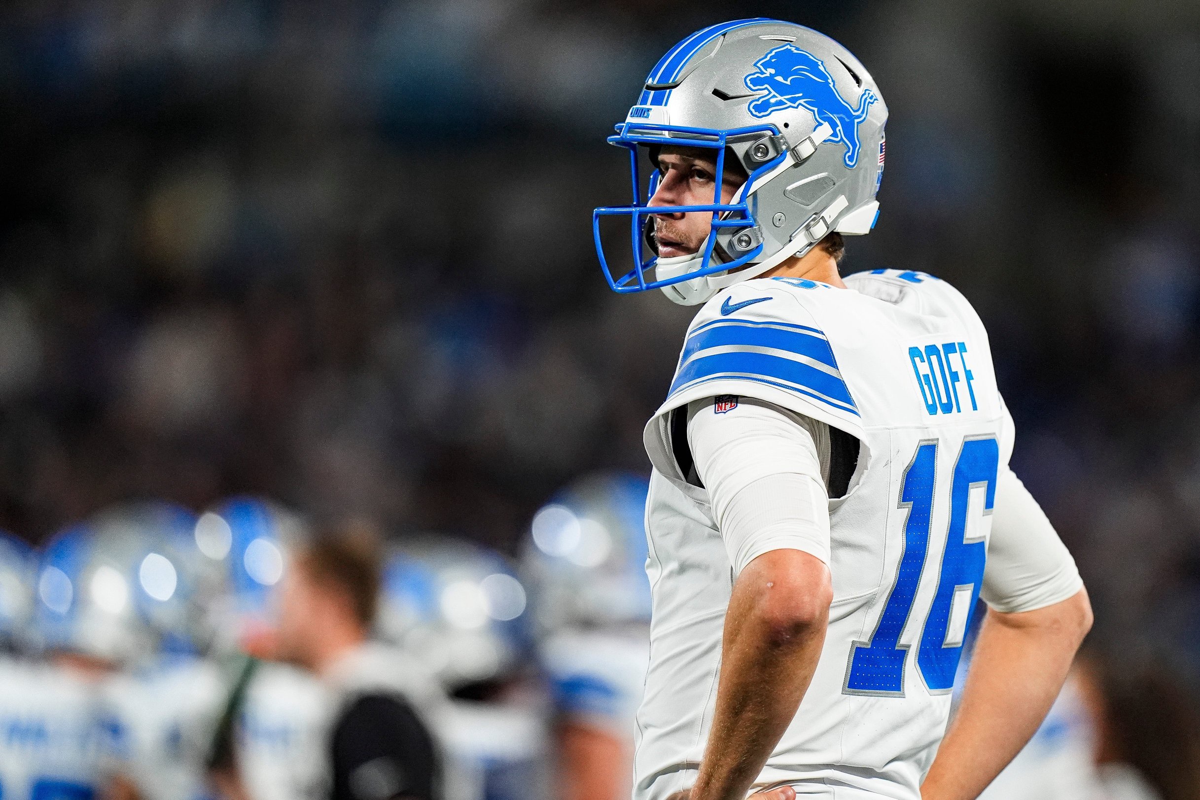 Detroit Lions quarterback Jared Goff (16) looks on before a play against the Carolina Panthers during the first half at Bank of America Stadium in Charlotte on Sunday, Oct. 4, 2026.