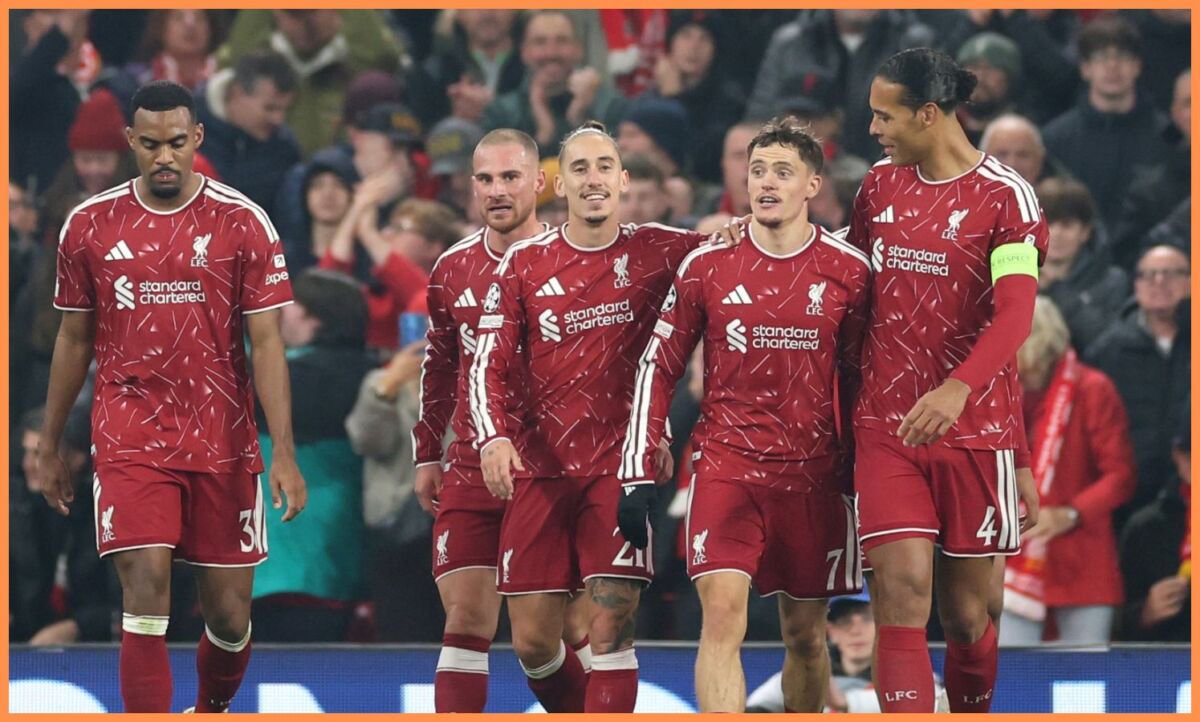 Florian Wirtz celebrates with his Liverpool teammates
