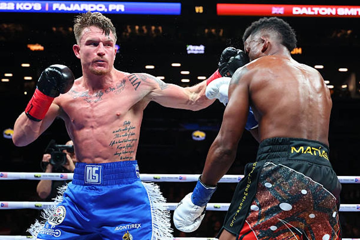 Dalton Smith punches Subriel Matias during their 12 round WBC super lightweight championship bout at Barclays Center on January 10, 2026 in the Brooklyn borough of New York City.