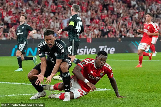 Auston Trusty despairs after Jhon Duran scores Benfica's second goal on Thursday night