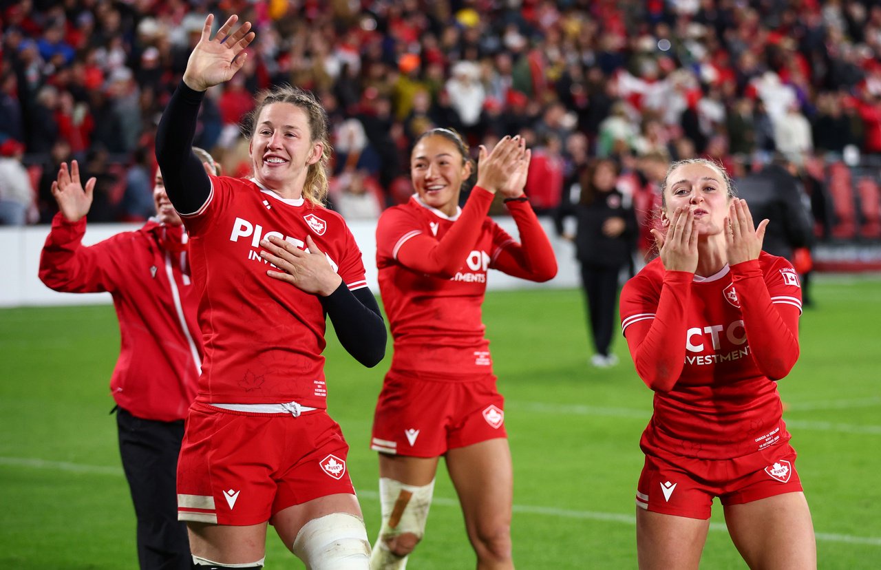 TORONTO, ON - OCTOBER 16:  Laetitia Royer #5 and Savannah Bauder #15 of Canada celebrate the win after a WXV Global Series match against England at BMO Field on October 16th, 2026 in Toronto, Ontario, Canada.  (Photo by Vaughn Ridley/Getty Images)