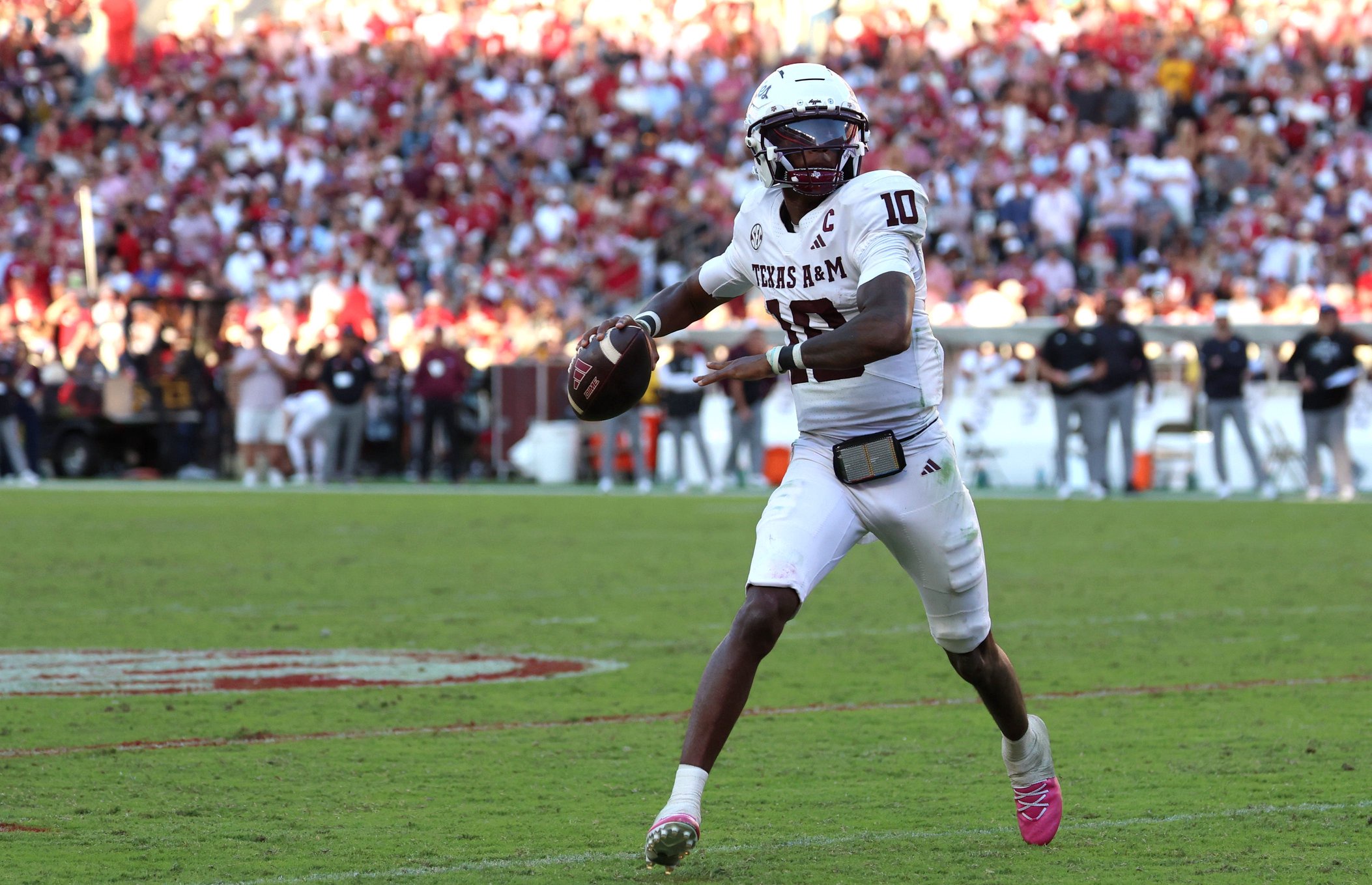 Oct 24, 2026; Tuscaloosa, Alabama, USA;  Texas A&amp;M Aggies quarterback Marcel Reed (10) throws a pass against the Alabama Crimson Tide during the second half at Saban Field at Bryant-Denny Stadium.  Mandatory Credit: David Leong-Imagn Images