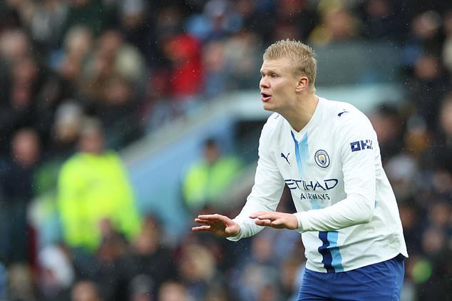 Manchester City's Erling Haaland reacts during the English Premier League soccer match between Aston Villa and Manchester City in Birmingham, England, Saturday, Oct. 24, 2026. (AP Photo/Morgan Harlow)