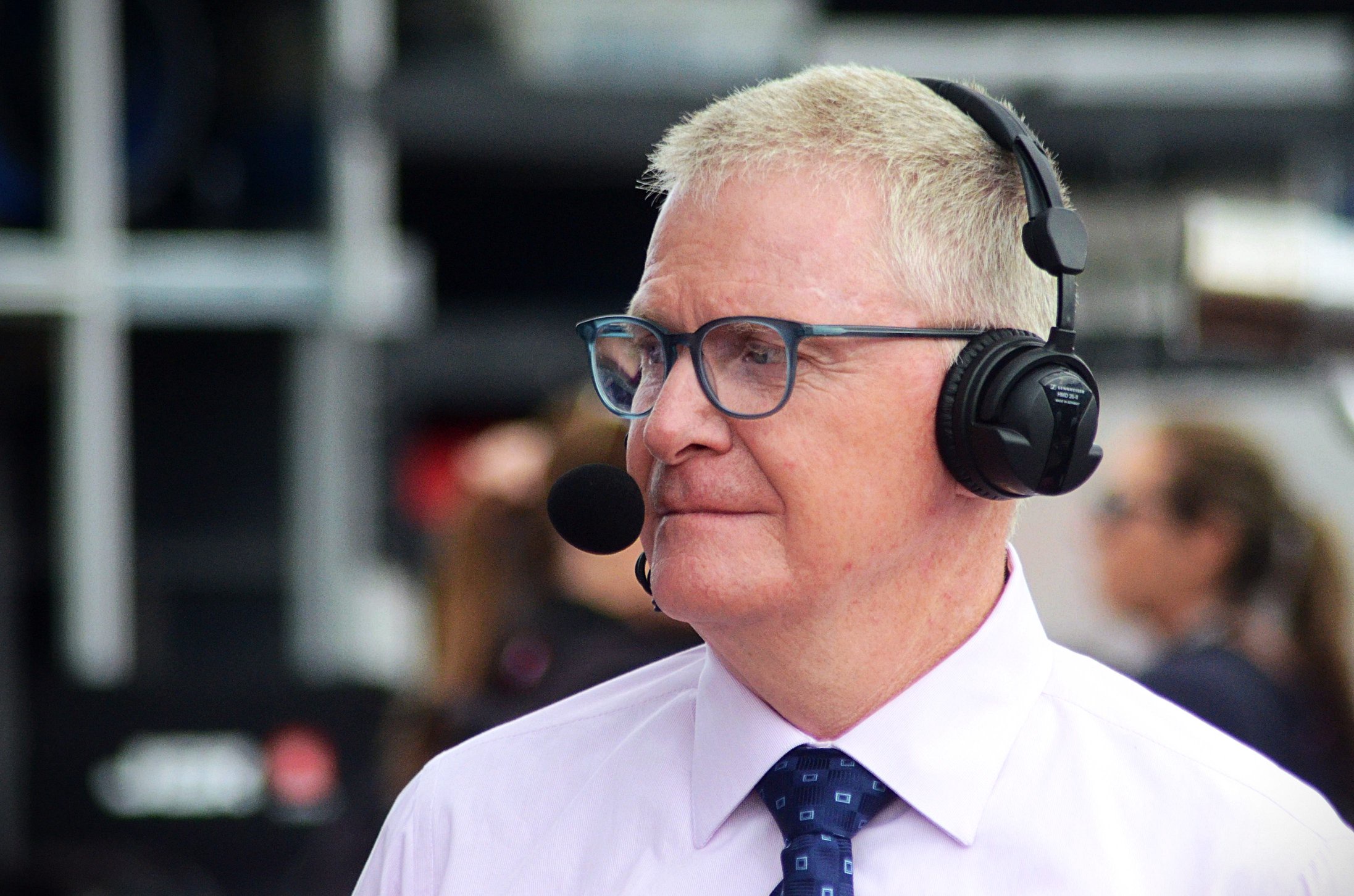 NASCAR Hall of Famer Jeff Burton prepares for a pre-race show segment with USA Sports ahead of the Bank of America 400 at Charlotte Motor Speedway on Sunday, Oct. 11, 2026.