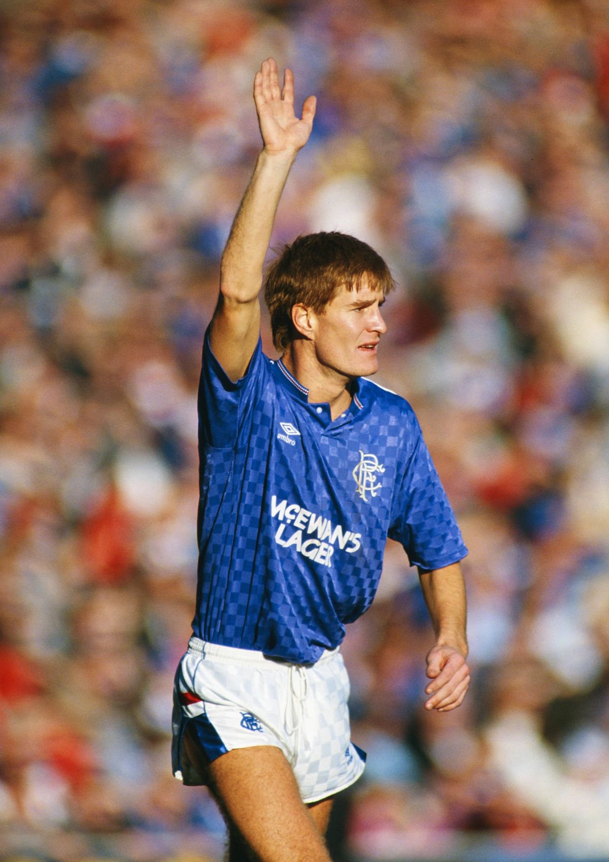 GLASGOW, UNITED KINGDOM - OCTOBER 17: Rangers centre back Richard Gough reacts during an Old Firm game at Ibrox on October 17, 1987 in Glasgow, Scotland.  (Photo by Chris Cole/Allsport/Getty Images)