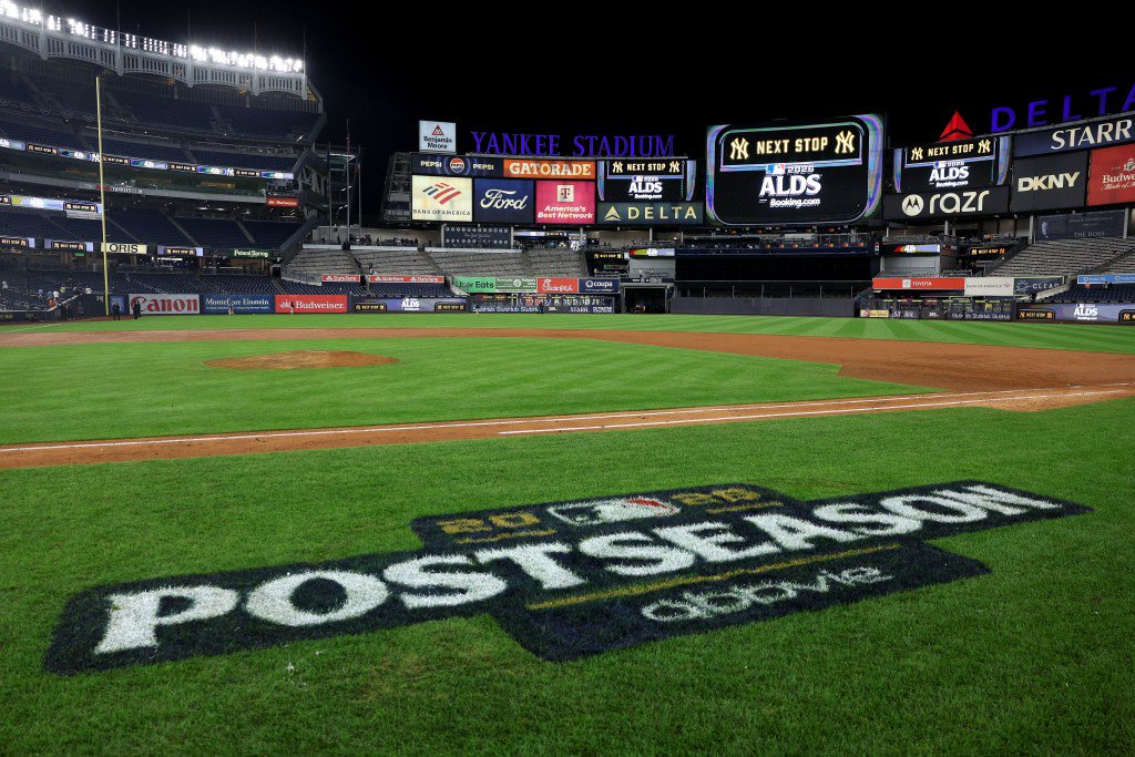 A view of the infield at Yankee Stadium after a playoff game.