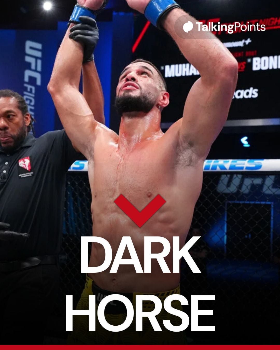 Gabriel Bonfim has his hand raised by Herb Dean at the Meta Apex