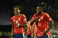 Spain's midfielder Nico Williams celebrates scoring his team's third goal with his teammates including Spain's forward Lamine Yamal during the UEFA Euro 2024 round of 16 football match between Spain and Georgia at the Cologne Stadium in Cologne