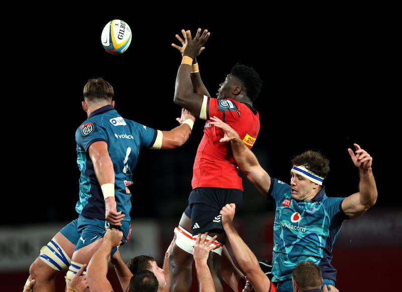 Munster's Sean Edogbo with Ruan Vermaak and Reinhardt Ludwig of the Bulls. Photograph: James Crombie/Inpho
