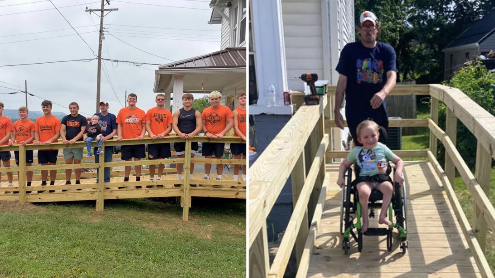 Football players stand on a new wheelchair ramp, and Maverick sits in his wheelchair on the finished ramp