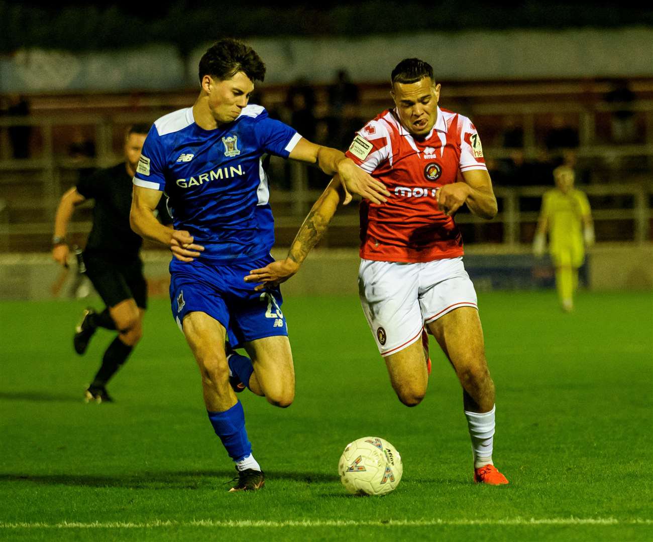 Ebbsfleet's Lennon Peake battles with Ralph Vigrass of AFC Totton during Tuesday's 5-0 win. Picture: Ed Miller/EUFC