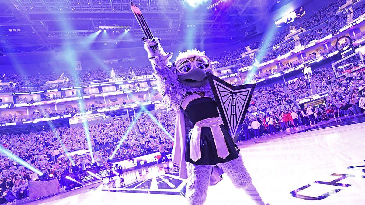 Mascot Violet of the Golden State Valkyries stands at Chase Center.