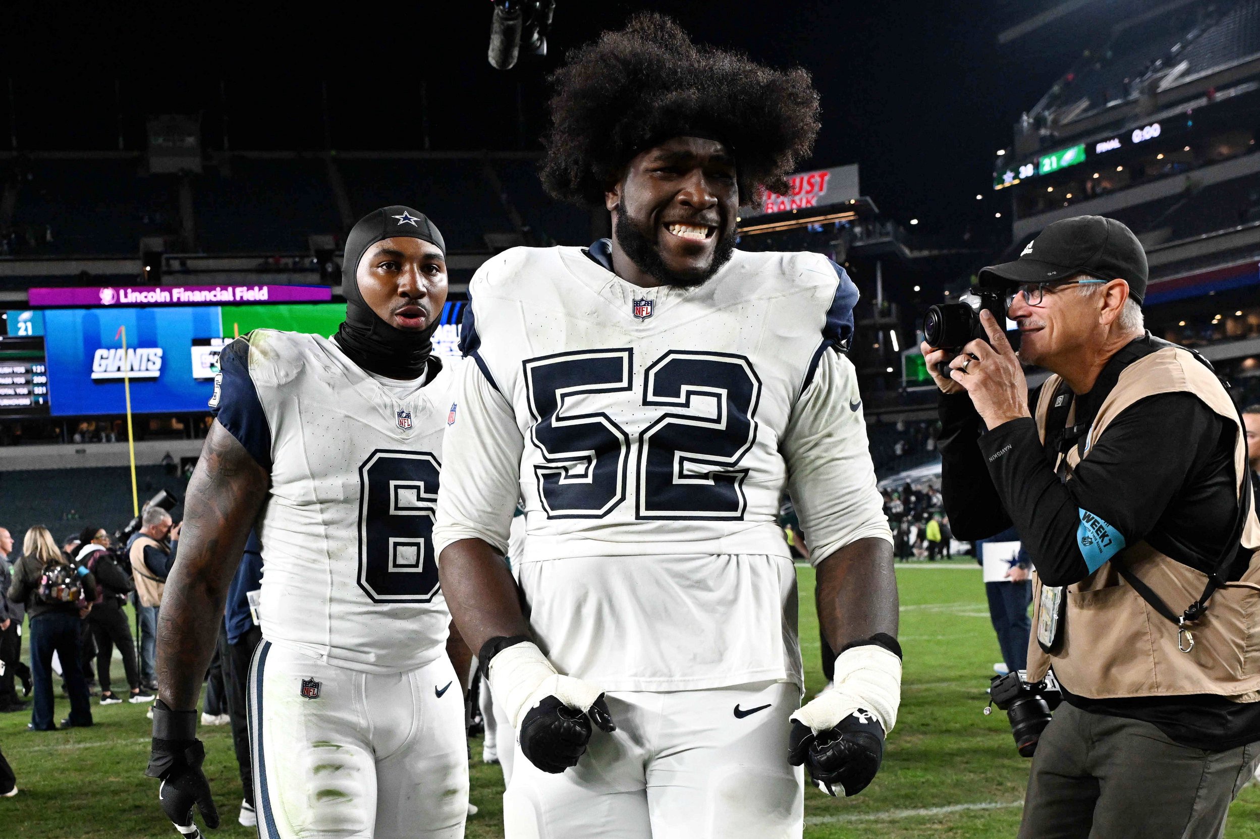 Oct 26, 2026; Philadelphia, Pennsylvania, USA;  Dallas Cowboys guard Tyler Booker (52) reacts after the game against the Philadelphia Eagles at Lincoln Financial Field.  Mandatory Credit: Eric Hartline-Imagn Images