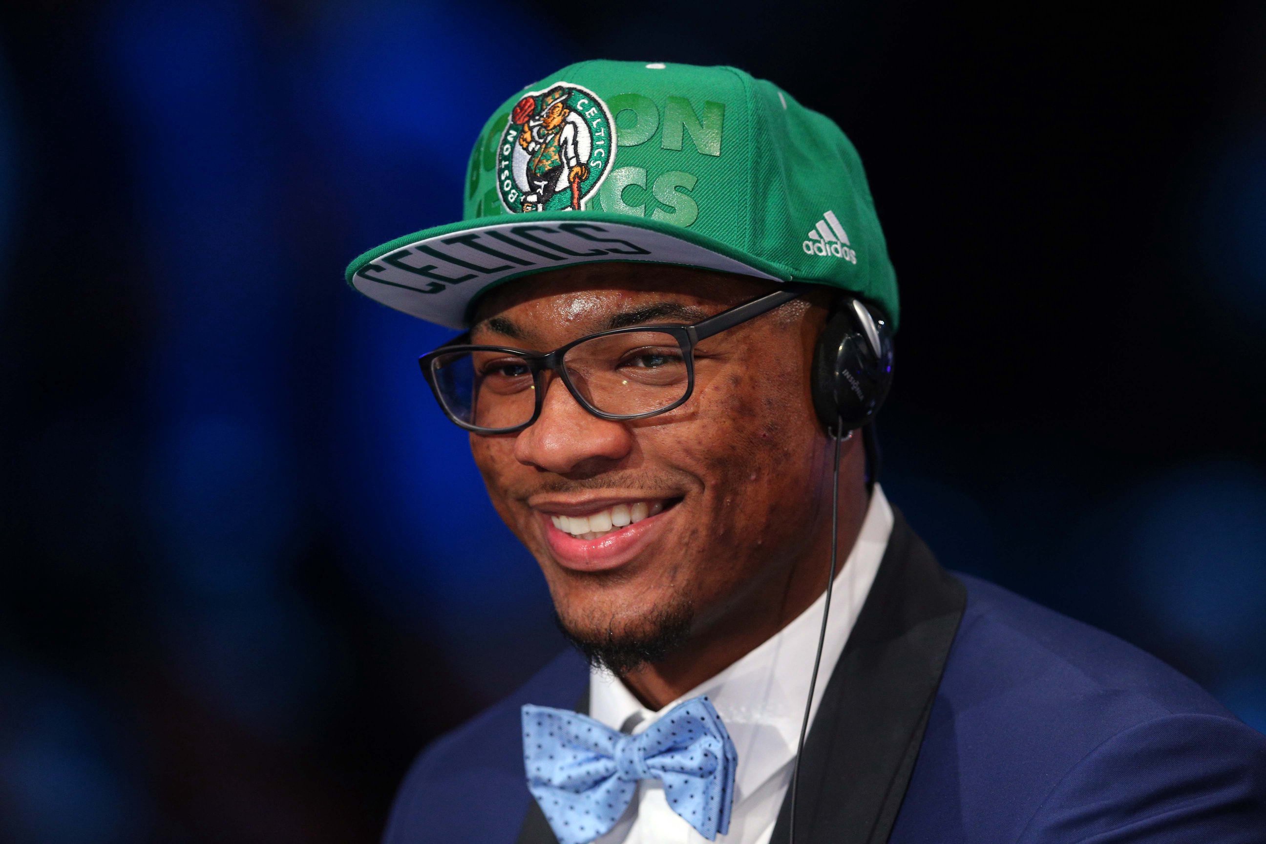Jun 26, 2014; Brooklyn, NY, USA; Marcus Smart (Oklahoma State) is interviewed after being selected as the number six overall pick to the Boston Celtics in the 2014 NBA Draft at the Barclays Center. Mandatory Credit: Brad Penner-USA TODAY Sports