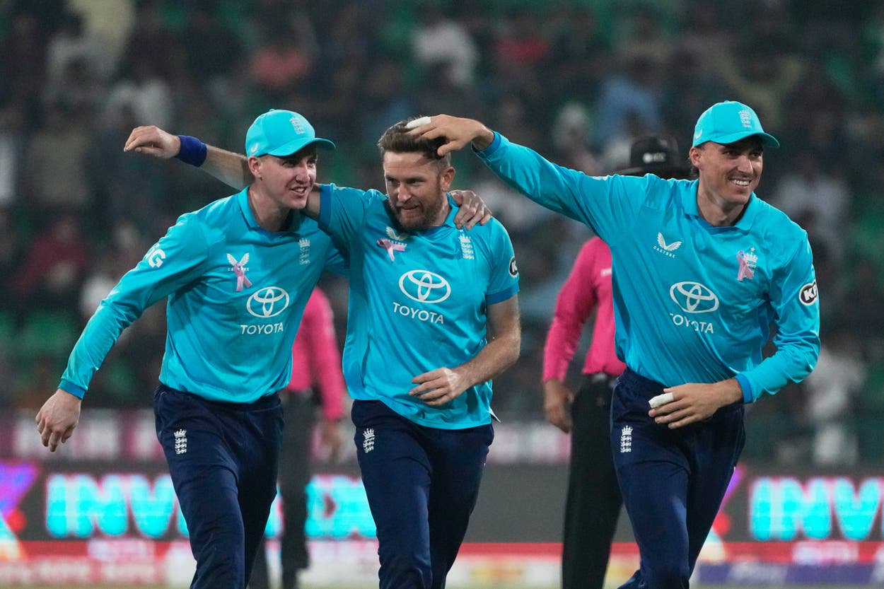 Liam Dawson, centre, has been England’s frontline spinner in their last two matches (K.M. Chaudary/AP)