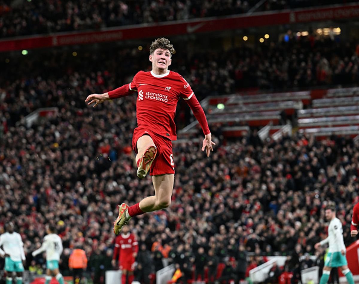LIVERPOOL, ENGLAND - FEBRUARY 28: (THE SUN OUT, THE SUN ON SUNDAY OUT)  Lewis Koumas of Liverpool celebrates after scoring the opening goal during the Emirates FA Cup Fifth Round match between Liverpool and Southampton at Anfield on February 28, 2024 in Liverpool, England. (Photo by John Powell/Liverpool FC via Getty Images)