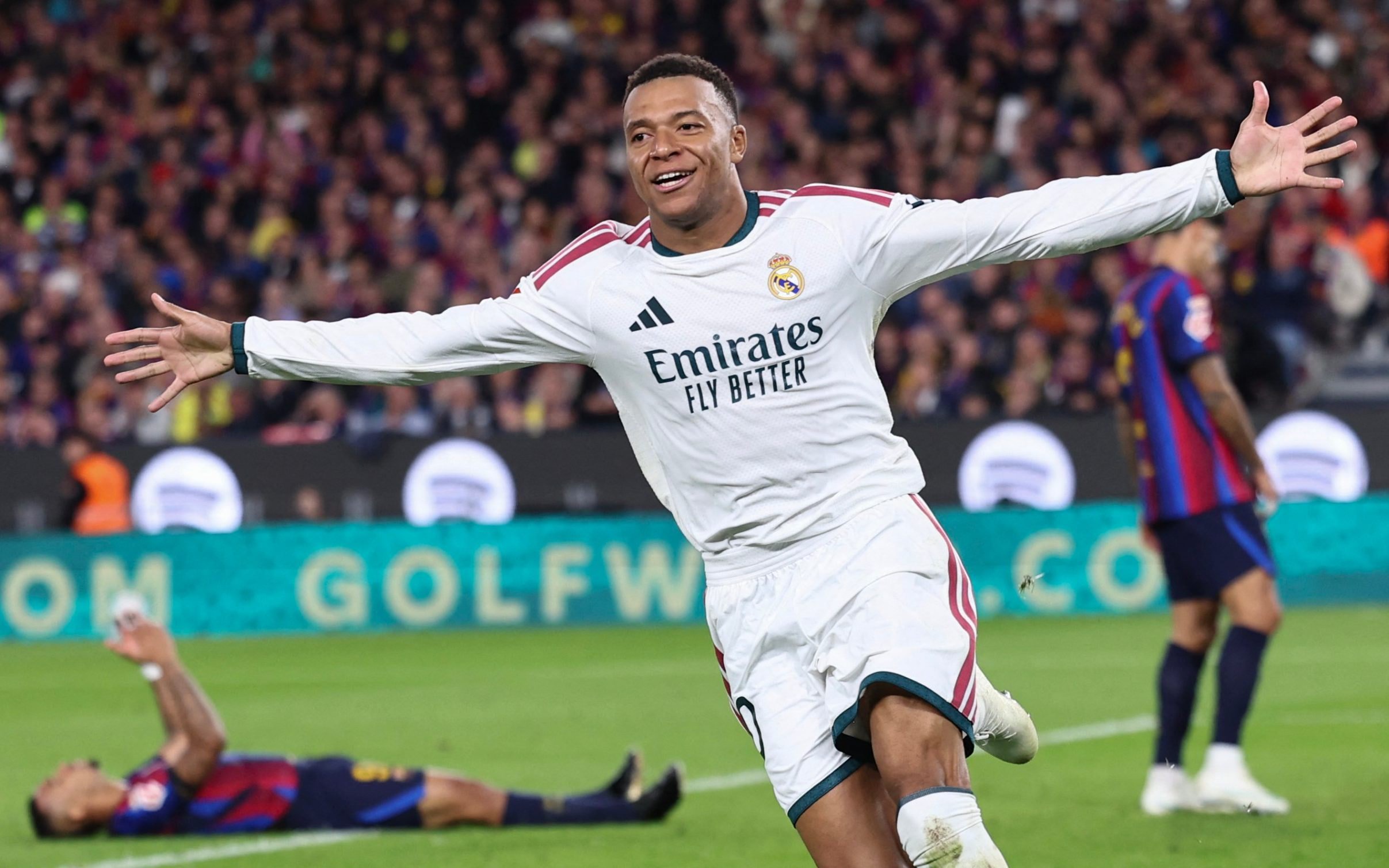 Kylian Mbappe celebrates scoring his team's second goal during the Spanish league football match between FC Barcelona