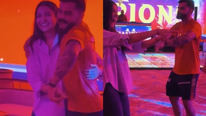 Anushka Sharma (L), Virat Kohli (R) dance and celebrate RCB's 2nd IPL win. 