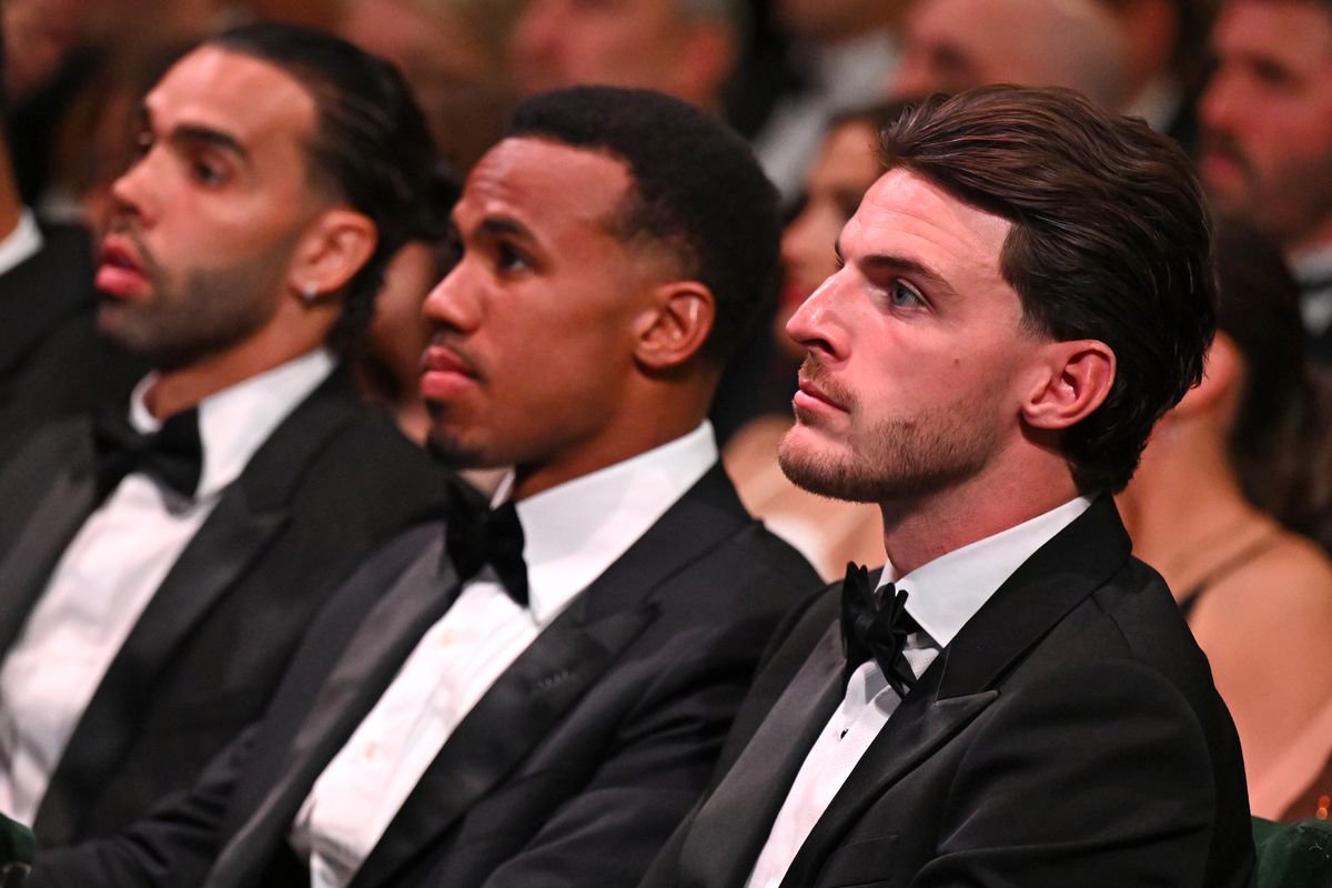 Arsenal stars David Raya, Gabriel Magalhaes and Declan Rice