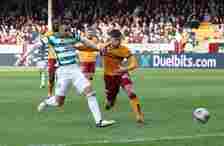 Adan Idah of Celtic scores his team's second goal during the Cinch Scottish Premiership match between Motherwell FC and Celtic FC at Fir Park on Fe...