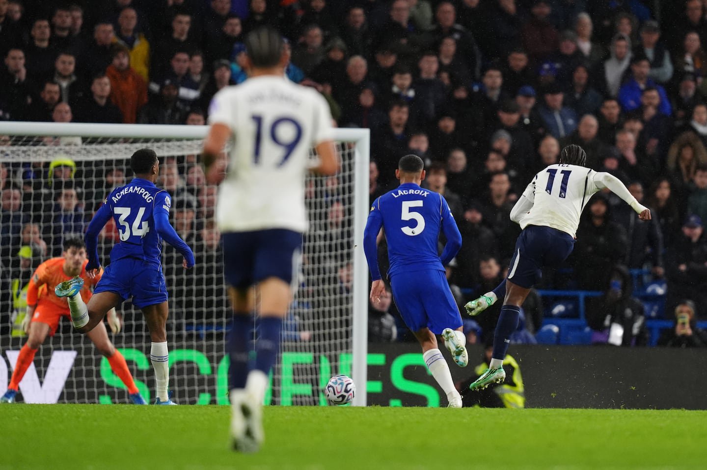 Mathys Tel (right) scored Spurs’ second goal at Stamford Bridge