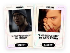 Eminem and Katy Perry are featured on separate cards. Eminem&#x27;s card says &quot;Lose Yourself,&quot; and Katy Perry&#x27;s card says &quot;I Kissed a Girl.&quot; Both cards have a &quot;SELECT&quot; button
