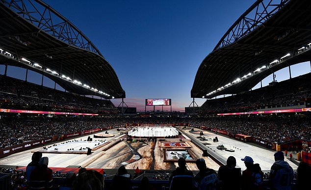 The Winnipeg Jets and the Montreal Canadiens play during the first period of NHL Heritage Classic hockey game in Winnipeg, Manitoba, Sunday, Oct. 25, 2026. (Fred Greenslade/The Canadian Press via AP)