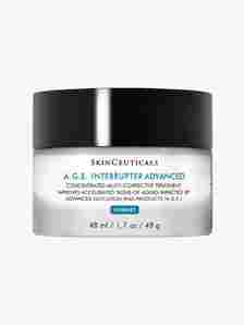 SkinCeuticals A.G.E. Interrupter Advanced white jar with black lid on light gray background