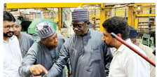 Governor Mai Mala Buni (2nd right) and Borno State Governor Babagana Zulum (2nd left) at a tractor factory in Pakistan
