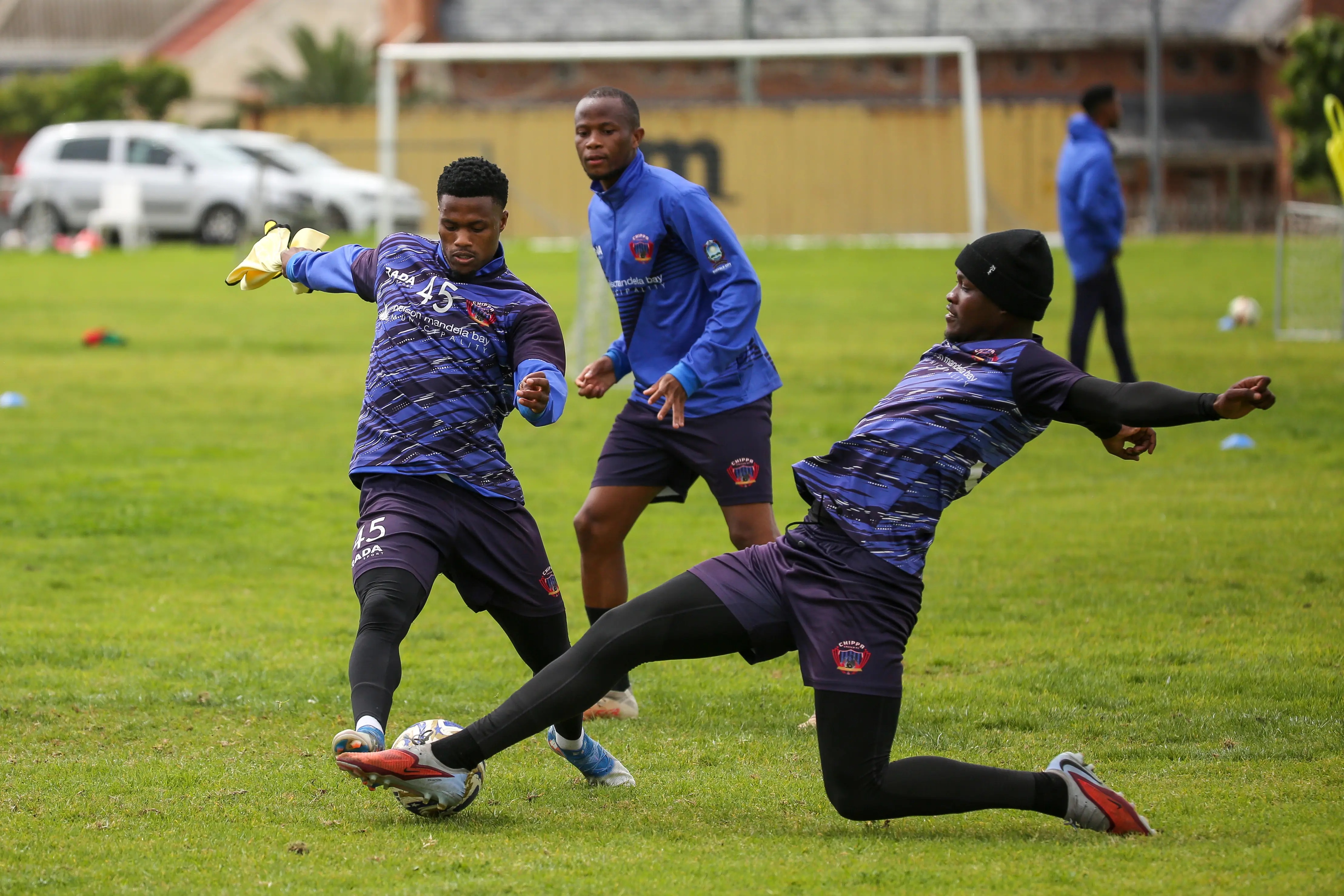 Muzomuhle Khanyi, left, and Tshepang Makara  run some routines at a Chippa United soccer training session