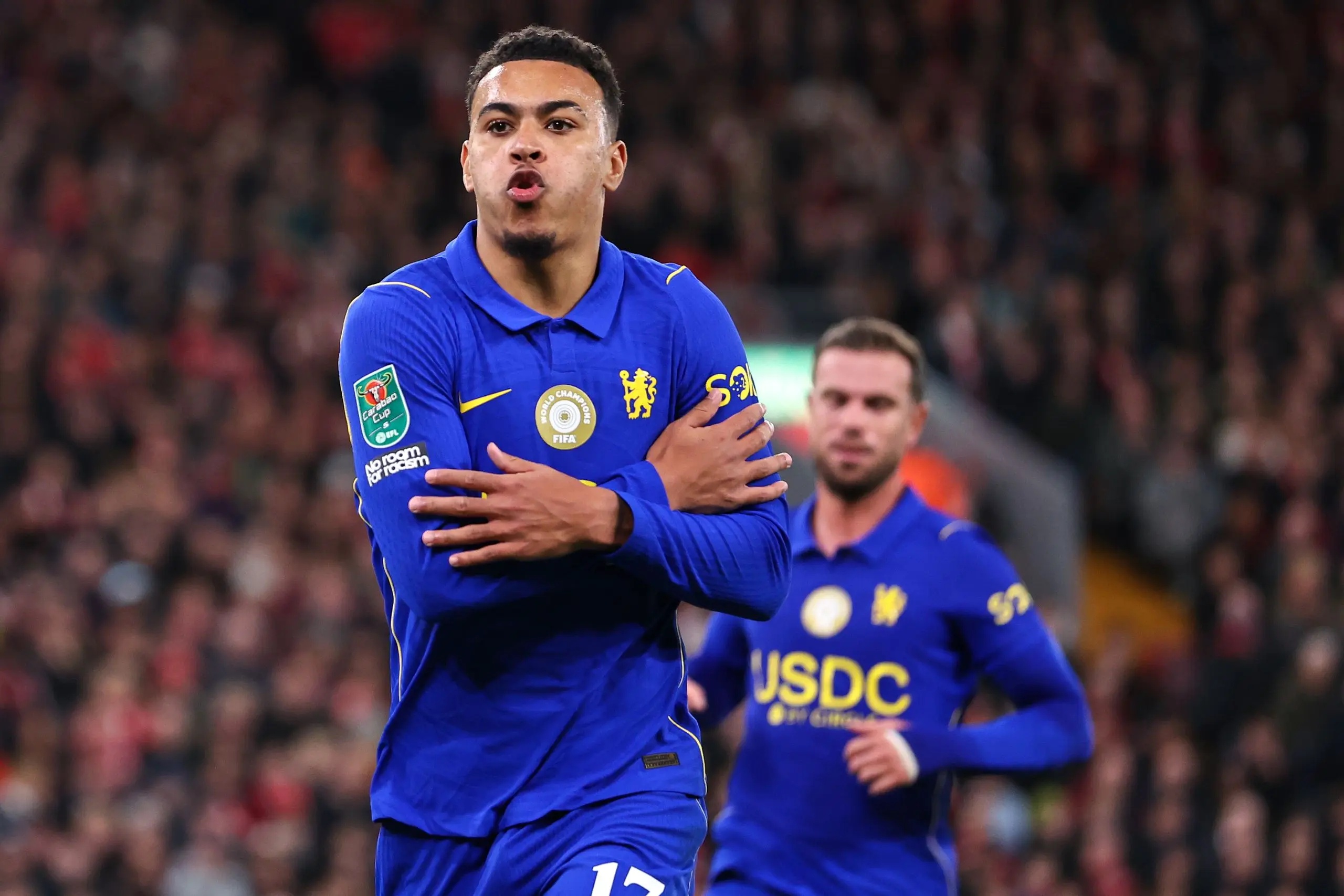 Morgan Rogers celebrating his goal against Liverpool.   