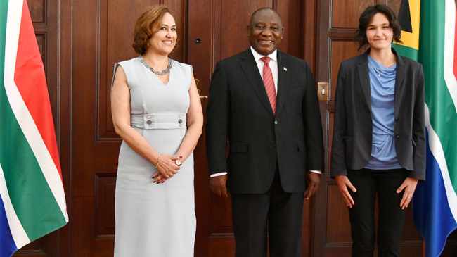 President Cyril Ramaphosa flanked by incoming Ambassador of Turkey to South Africa Ayşegül Kandaş, who was accompanied by her daughter Gülce Aksoy at the Sefako Makgatho Presidential Guesthouse in Tshwane. Photo: Kopano Tlape/GICS