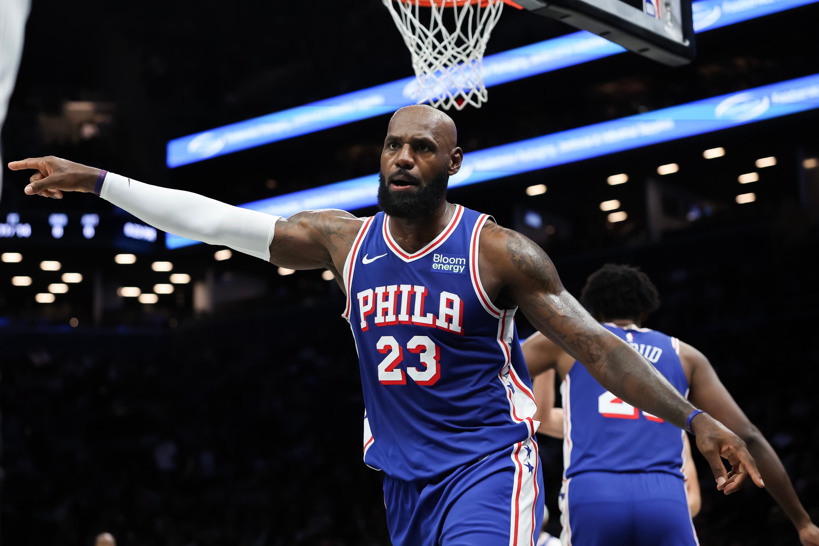 Philadelphia 76ers forward LeBron James reacts during the second quarter of an NBA preseason game against the Brooklyn Nets at Barclays Center on Oct. 8, 2026 in Brooklyn, NY.