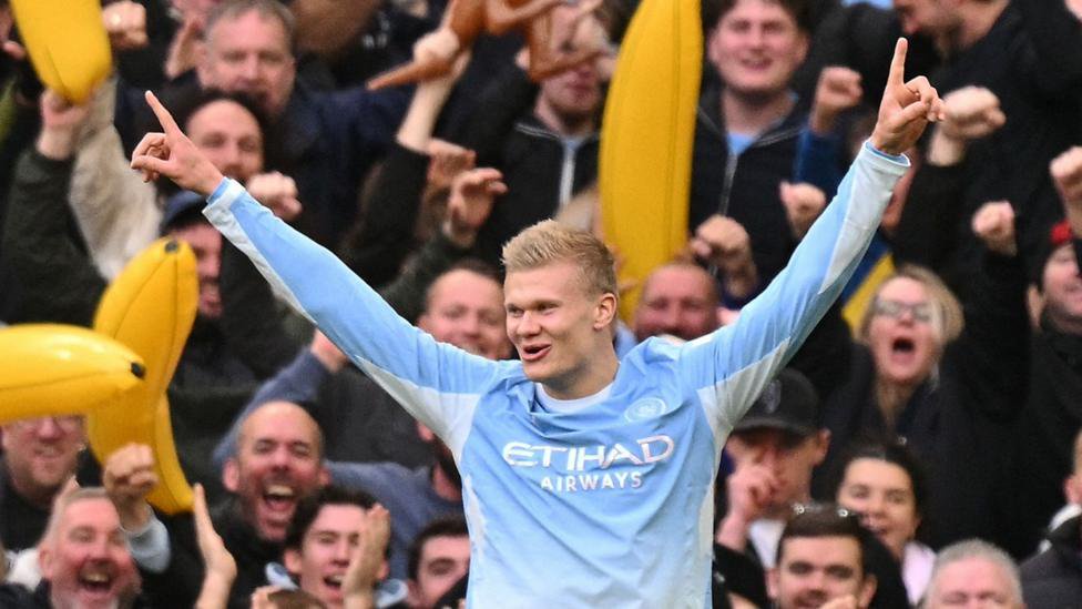 Erling Haaland celebrates his first goal against Ipswich Town